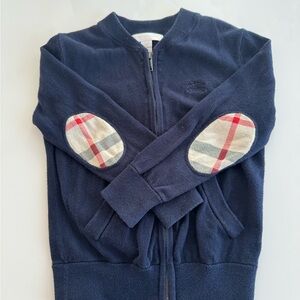 Burberry Kids zip up navy sweater with classic print elbow patches 4Y